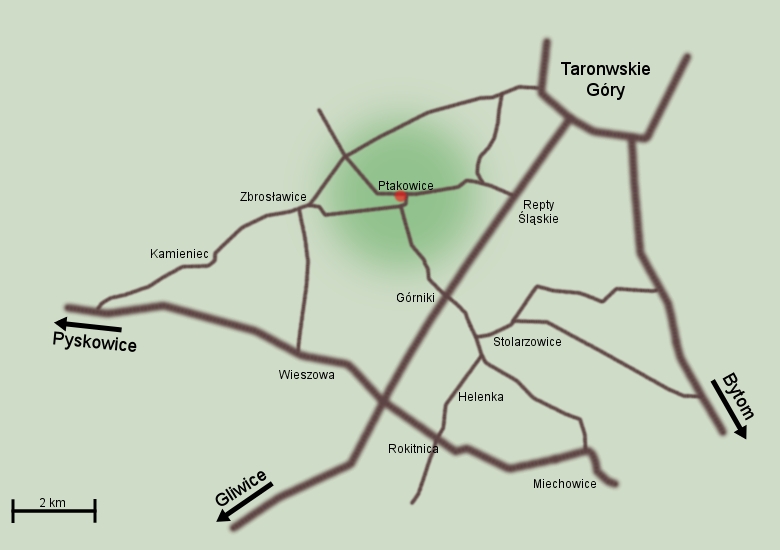 Mapa dojazdowa do Ptakowic z okolic Tarnowskich Gór, Bytomia, Zabrza, Gliwic.